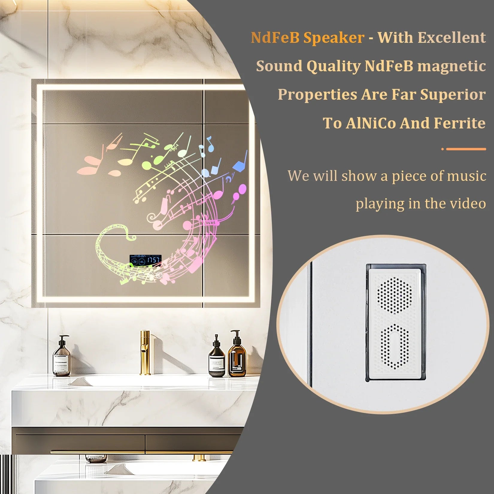 Dual Lighted Bluetooth Music LED Bathroom Mirror Touch Antifog Wall Vanity Mirror 3 Colors Adjustable Round/Square