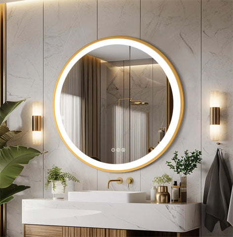 24/32 Inch Gold Frame LED Bathroom Mirror 3 Colors Temperature Wall Mounted Vanity Mirror Fast Defagging