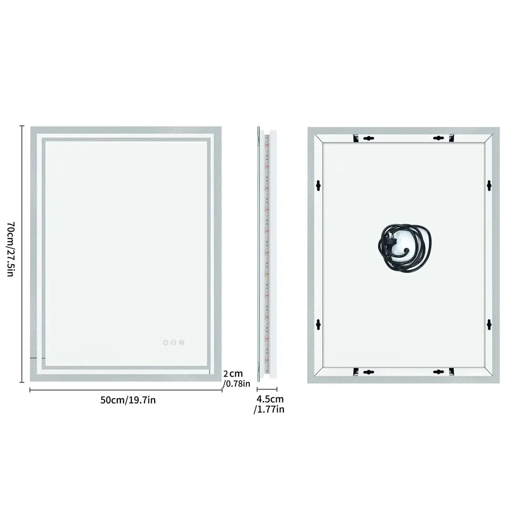 LED Light Bathroom Mirror Illuminated Wall Mounted Vanity Makeup Anti-Fog Rectangle 3 Colors Touch Light