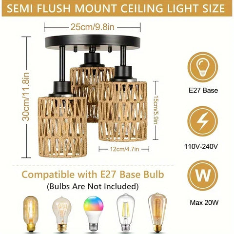 Boho Woven Rattan Ceiling Light – Hemp Shade Rustic Flush Mount Lamp