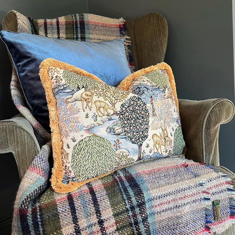 William Morris Deer garden tapestry cushion with mustard gold fringing