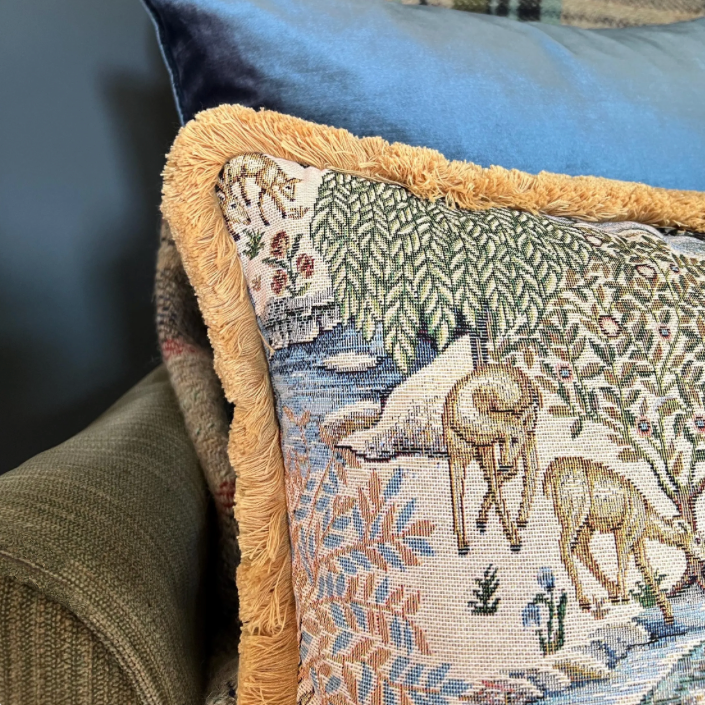 William Morris Deer garden tapestry cushion with mustard gold fringing