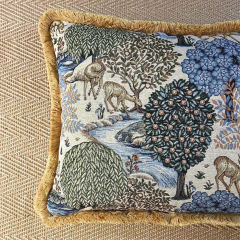 William Morris Deer garden tapestry cushion with mustard gold fringing
