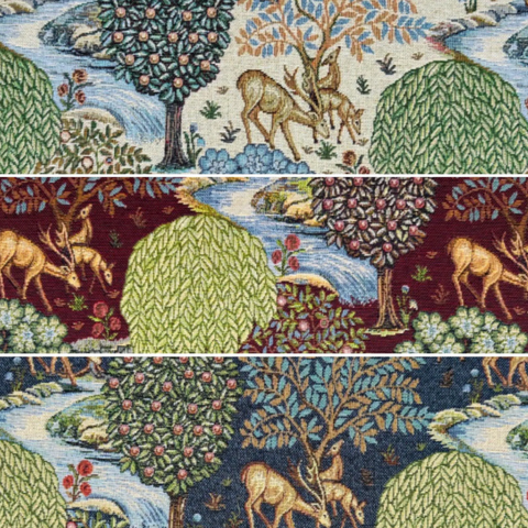 William Morris Deer garden tapestry cushion with mustard gold fringing