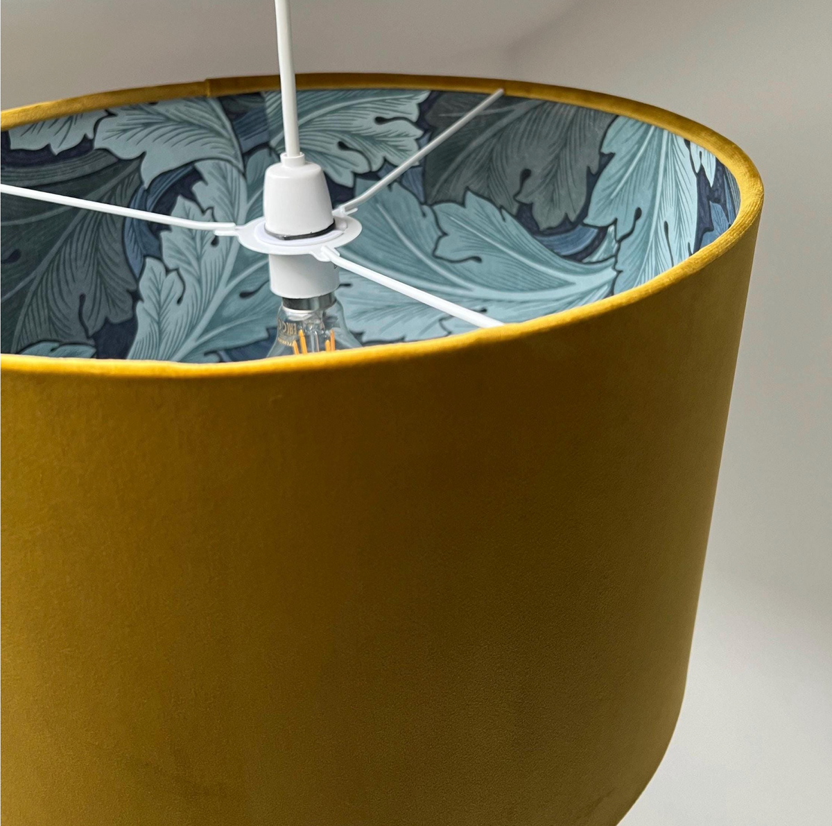 Mustard velvet drum lampshade/ ceiling light shade with blue leaves paper interior
