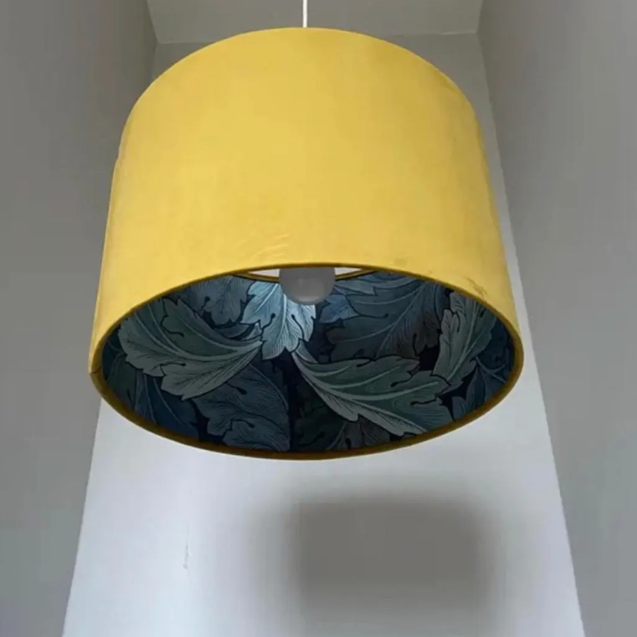 Mustard velvet drum lampshade/ ceiling light shade with blue leaves paper interior