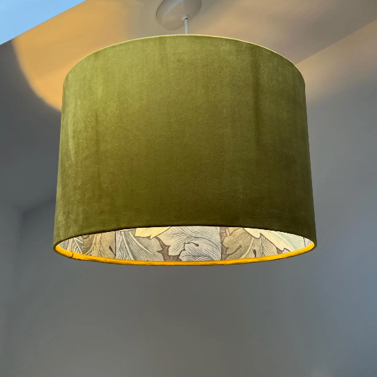Mustard velvet drum lampshade/ ceiling light shade with blue leaves paper interior