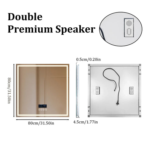 Dual Lighted Bluetooth Music LED Bathroom Mirror Touch Antifog Wall Vanity Mirror 3 Colors Adjustable Round/Square