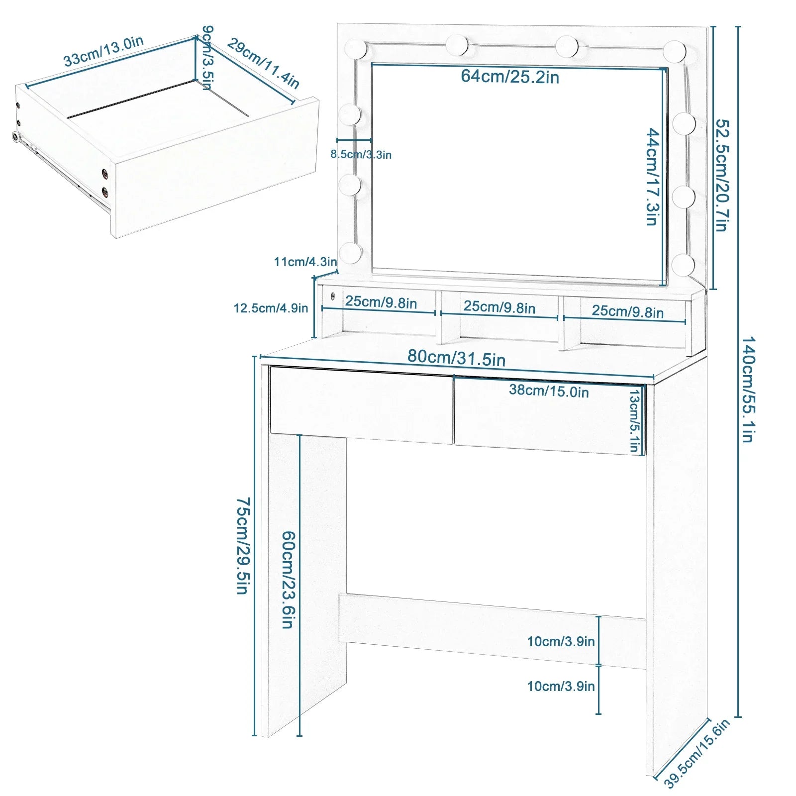White Wooden Dressing Table Make up Cosmetic Table  with Adjustable LED Lighting Mirror vanity dresser for Gilrs  Women Bedroom