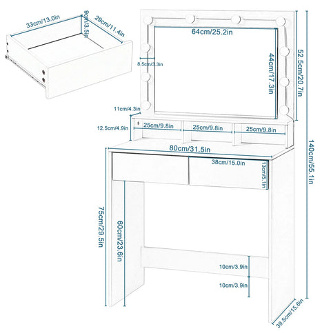 White Wooden Dressing Table Make up Cosmetic Table  with Adjustable LED Lighting Mirror vanity dresser for Gilrs  Women Bedroom