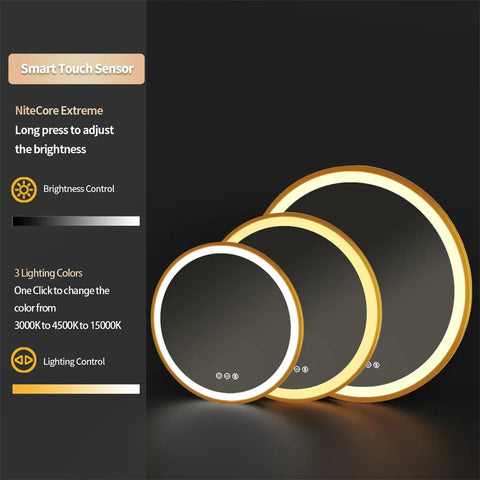LUVODI 24 Inch Gold Frame Round Bathroom Mirror with Lights Illuminate Wall Vanity Mirror 3 Color Dimmable Anti-Fog Smart Mirror