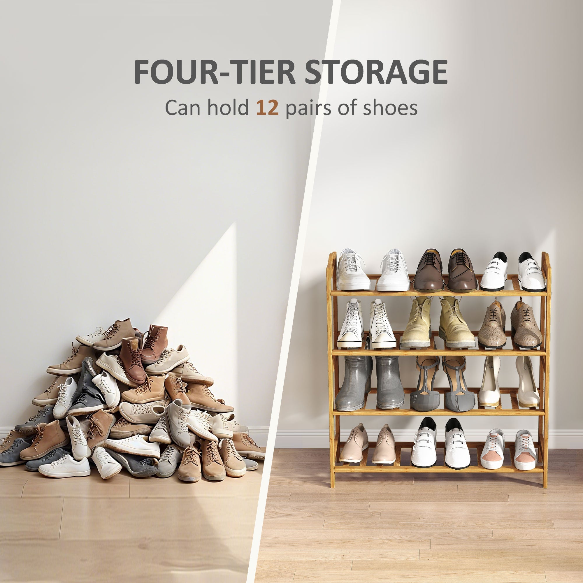 HOMCOM Freestanding Bamboo Shoe Rack, 4-Tier Shoe Shelf Stand for Hallway, Living Room, Bedroom, Natural Wood Finish
