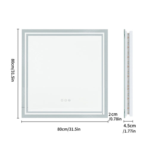 Square Backlit LED Mirror Dimmable Illuminated Bathroom Vanity Mirrors Anti-fog 3500K-6500K Smart Memory
