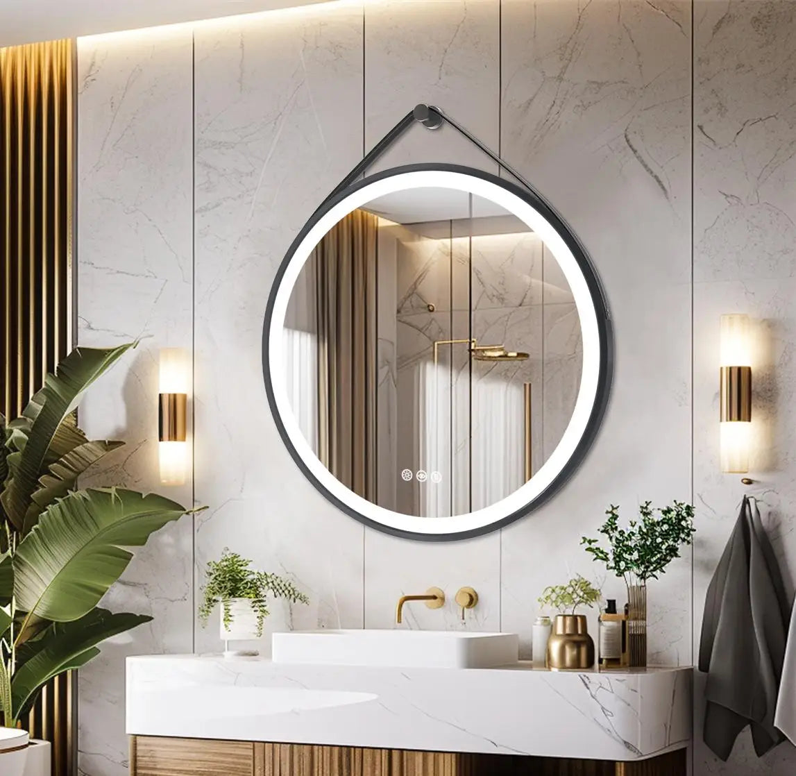 60/70/80CM Round LED Bathroom Mirror Wall Hanging Frontlit Vanity Makeup Mirror with Leather Strap Touch Anti-fog