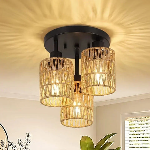 Boho Woven Rattan Ceiling Light – Hemp Shade Rustic Flush Mount Lamp