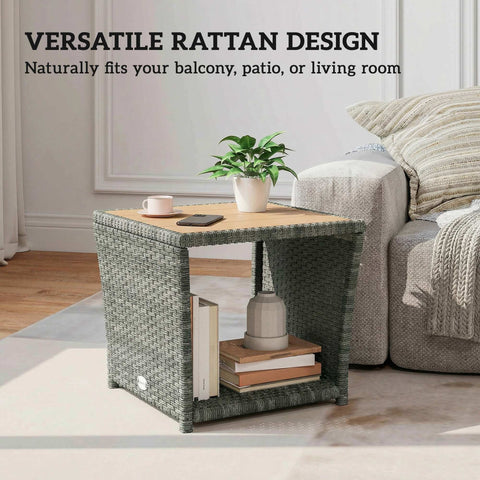 Outsunny Side Table 2-Tier Outdoor Coffee Table with Storage Shelf PS Wood Slat Top/Light Grey