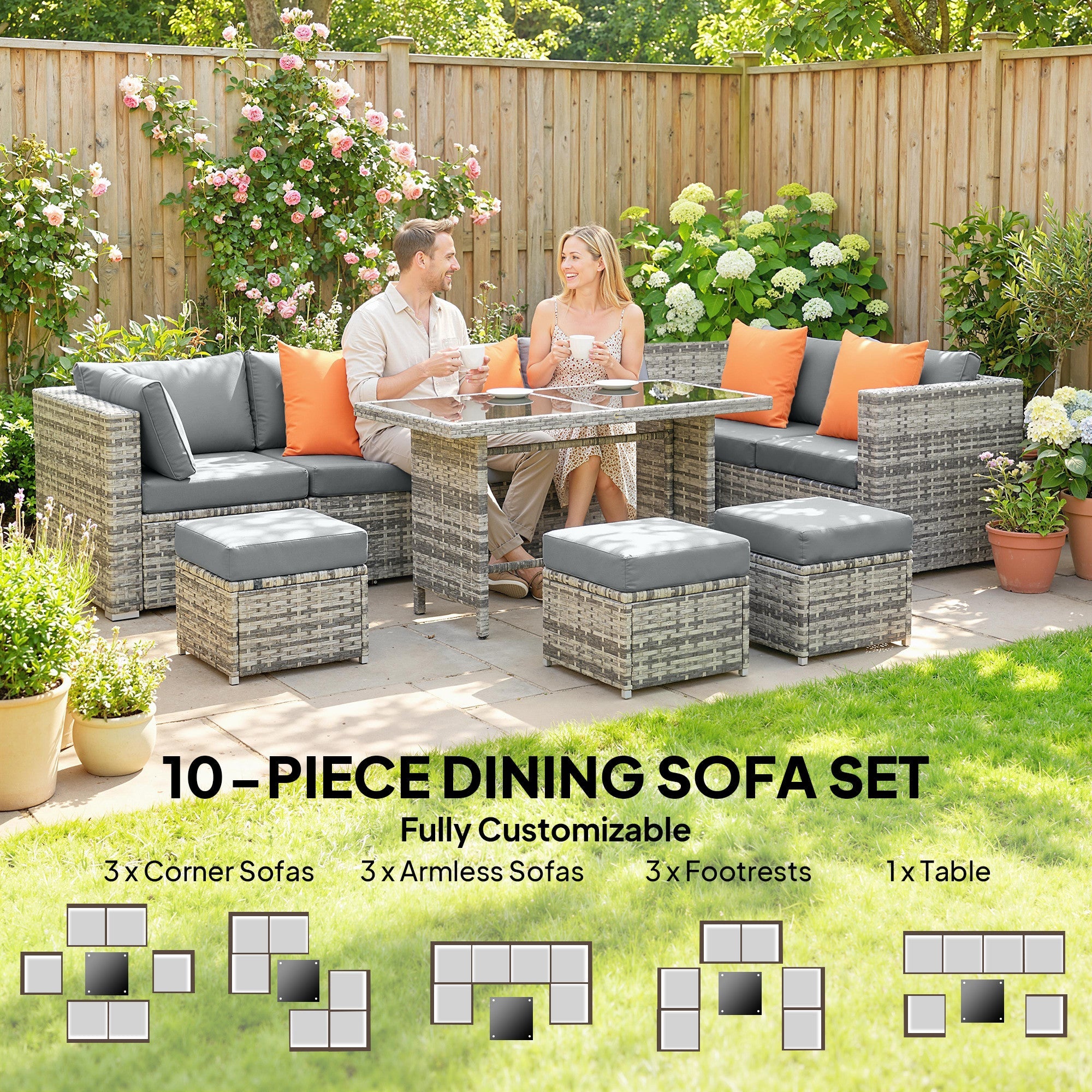 Outsunny 10 Piece Rattan Garden Furniture Set, 2 Corner Sofas with 4 Chairs, 4 Stools and Coffee Table, Outdoor Patio Furniture
