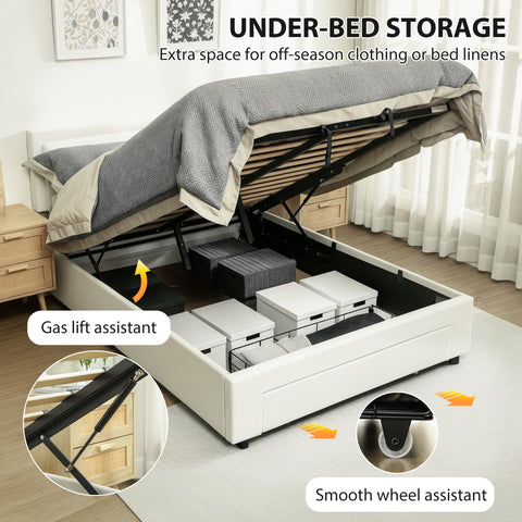 HOMCOM Double Ottoman Bed Frame, with Front Drawer - Cream