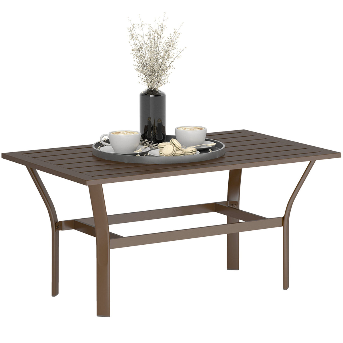 Outsunny Metal Garden Coffee Table, Rectangular Outdoor Side Table with Slatted Tabletop, Foot Pads for Outside, Garden, Balcony, Porch, 91.5 x 55 x 45cm, Brown