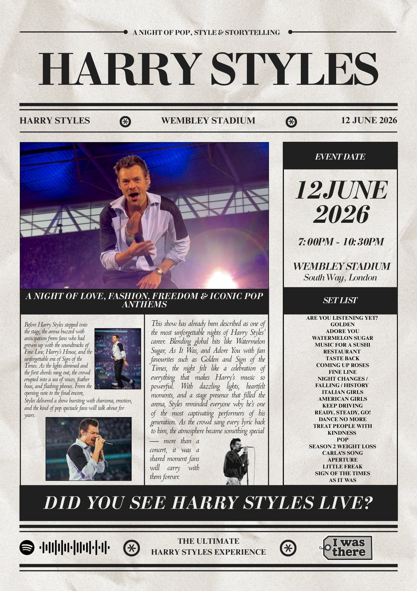 Harry Styles - Personalised Newspaper Style Concert Poster