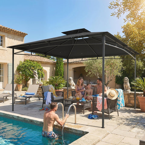 Outsunny 3 x 3 m Gazebo, Garden Gazebo with 2-Tier Roof, Metal Frame, Dark Grey