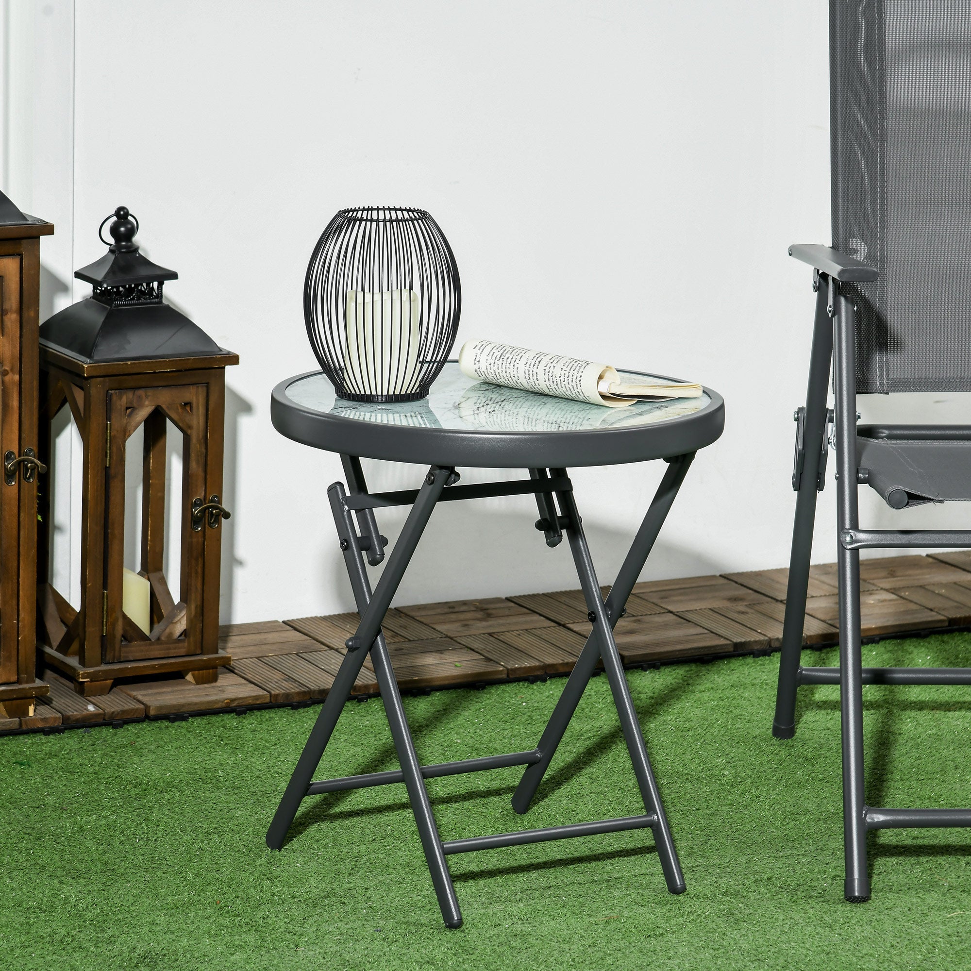 Outsunny \'ce\'a645cm Garden Side Table, Outdoor Round Folding Patio Table with Imitation Marble Glass Top, Small Coffee Table, White
