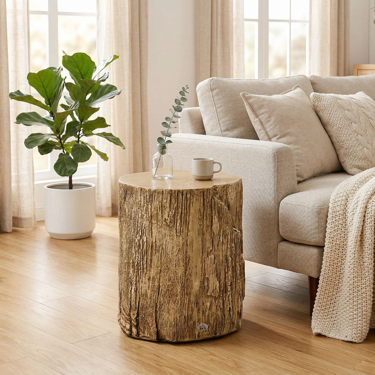 HOMCOM Tree Stump End Table, Round Concrete Side Table for Indoor and Outdoor Use, Natural Wood Effect