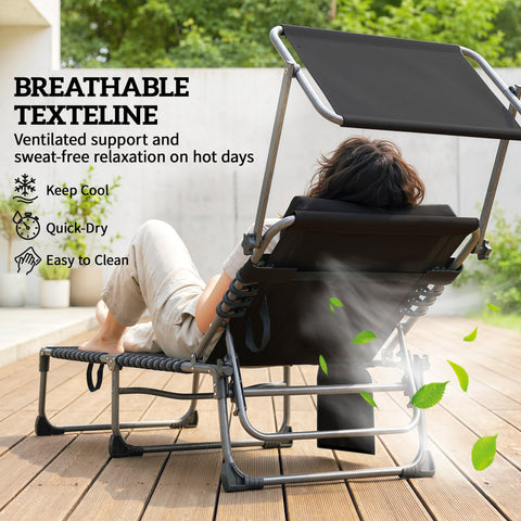 Outsunny Folding Sun Loungers Set of 2 with Canopy, Reclining Sunbed with Cushion, Side Pocket, Carrying Handle, Dark Blue