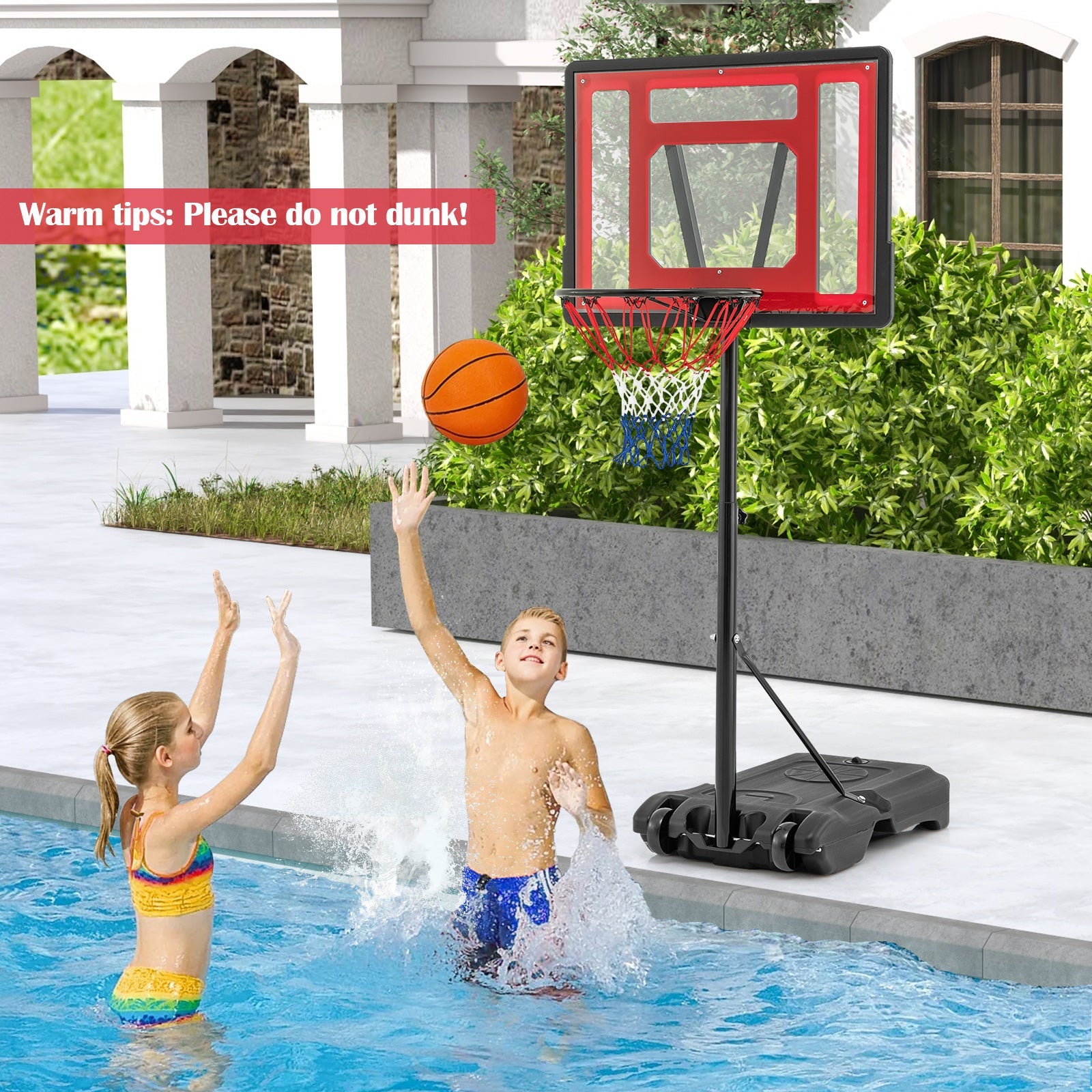 Swimming Pool Basketball Hoop Adjustable with Fillable Base and Wheels-Blue