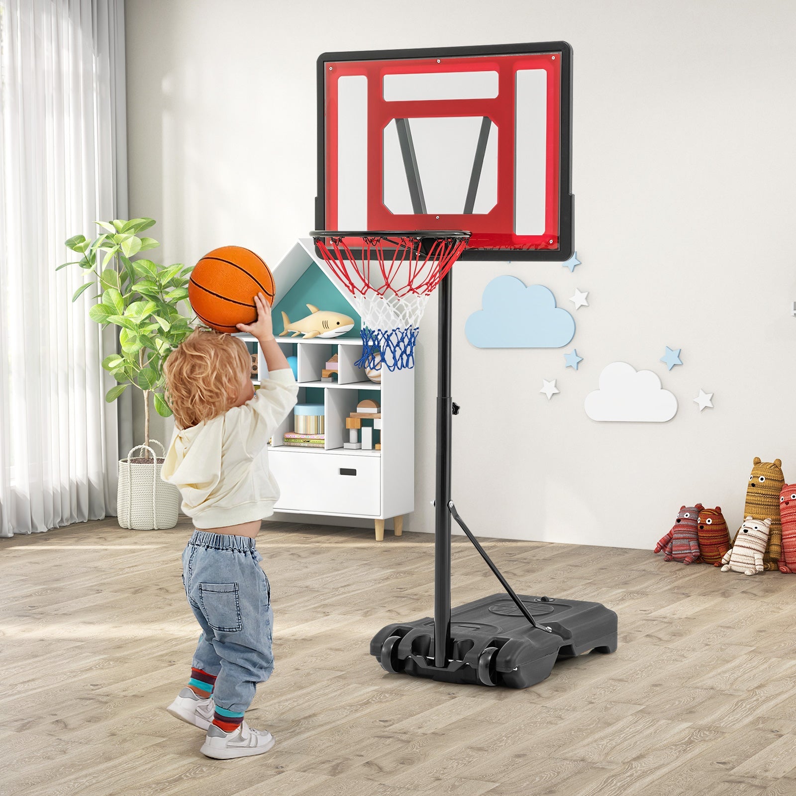 Swimming Pool Basketball Hoop Adjustable with Fillable Base and Wheels-Blue