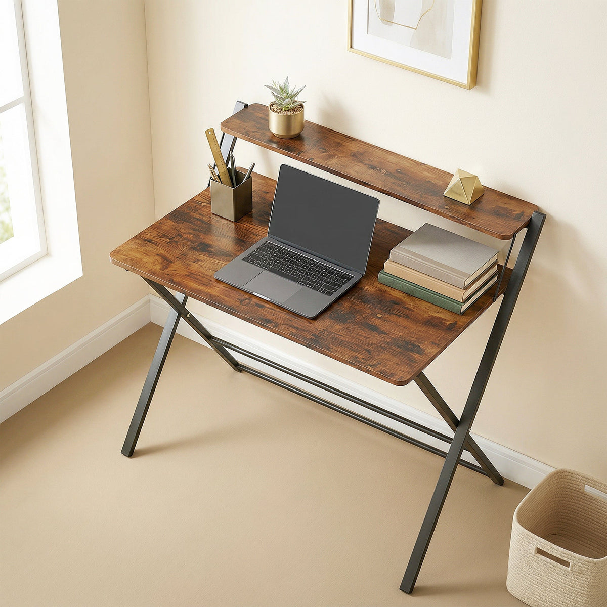 HOMCOM Compact Folding Desk for Small Spaces with Storage Shelf for Home Office, Rustic Brown