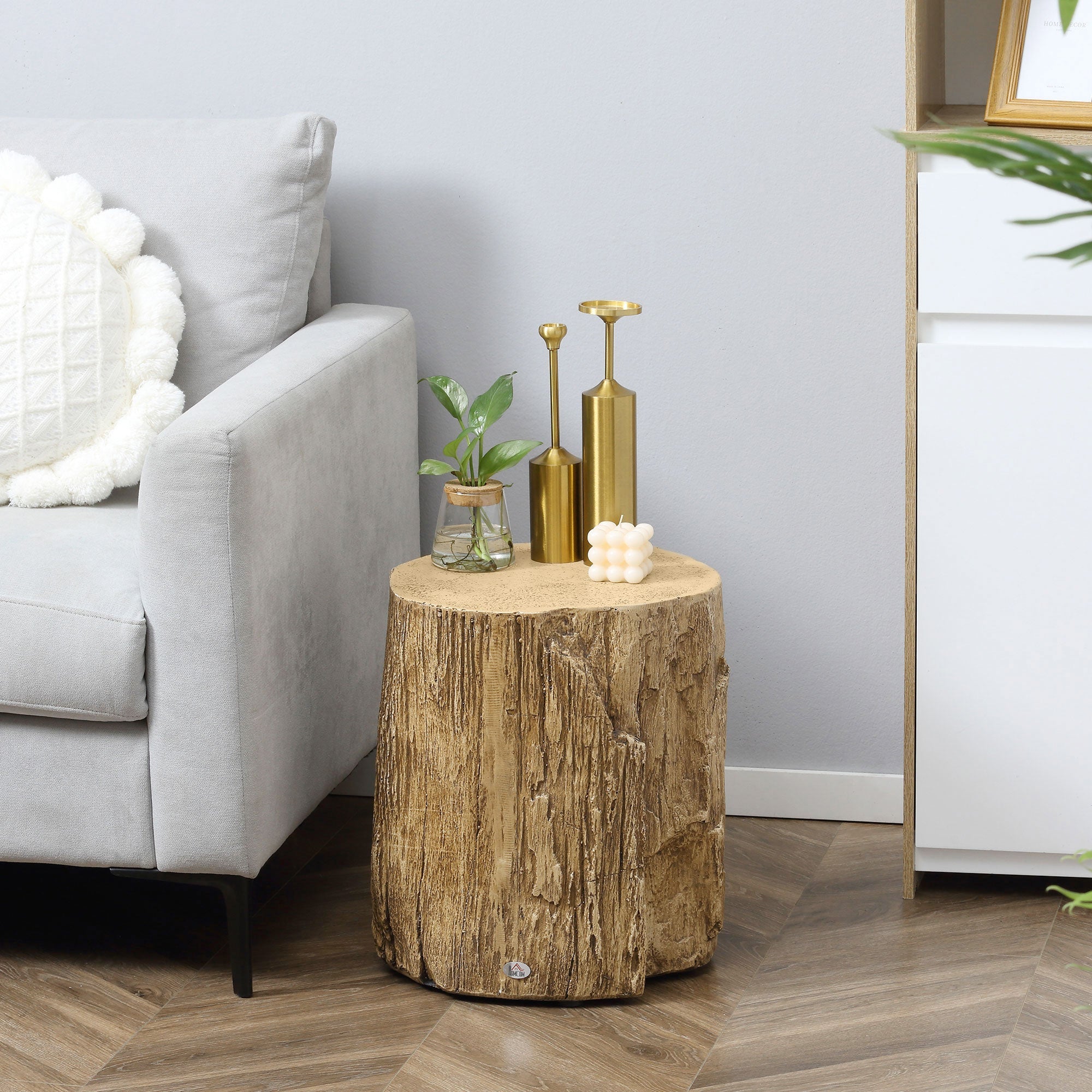 HOMCOM Tree Stump End Table, Round Concrete Side Table for Indoor and Outdoor Use, Natural Wood Effect