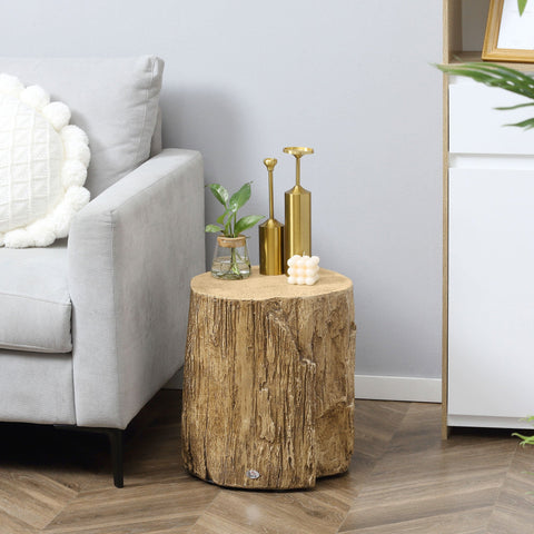 HOMCOM Tree Stump End Table, Round Concrete Side Table for Indoor and Outdoor Use, Natural Wood Effect