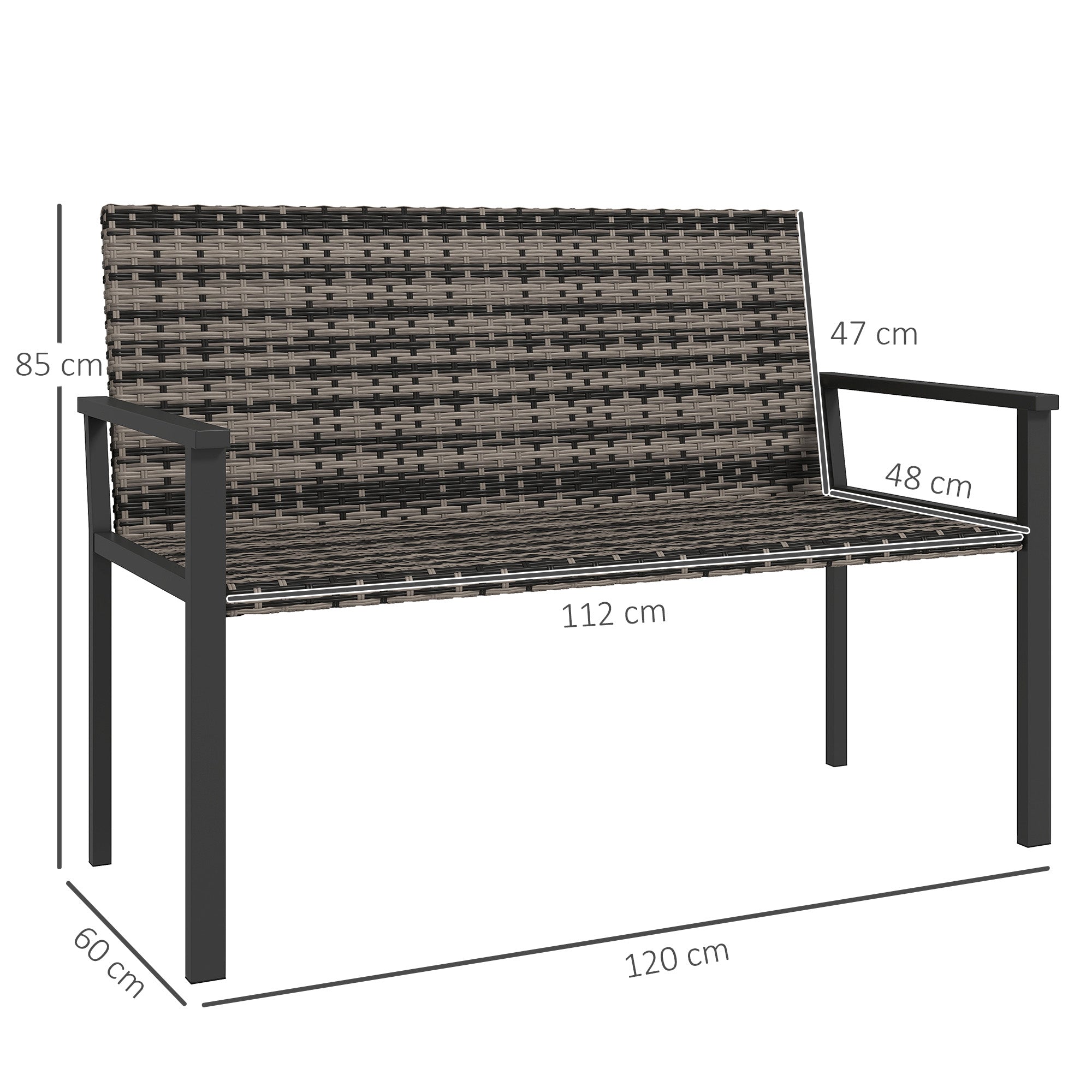 Outsunny 2 Seater Rattan Garden Bench, Outdoor Bench with Quick-Drying Cotton Padding, Wicker Garden Loveseat with Armrests, Steel Frame for Patio, Park, Mixed Grey