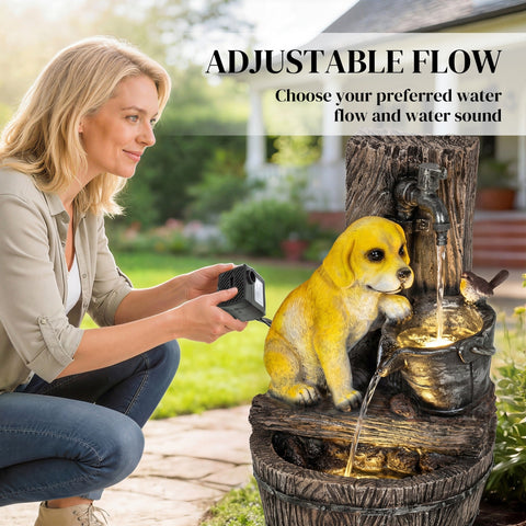 Outsunny Garden Water Feature with 3-Tier Rustic Puppy Design, Freestanding Resin with LED Lights, Adjustable Flow, Rustic Brown