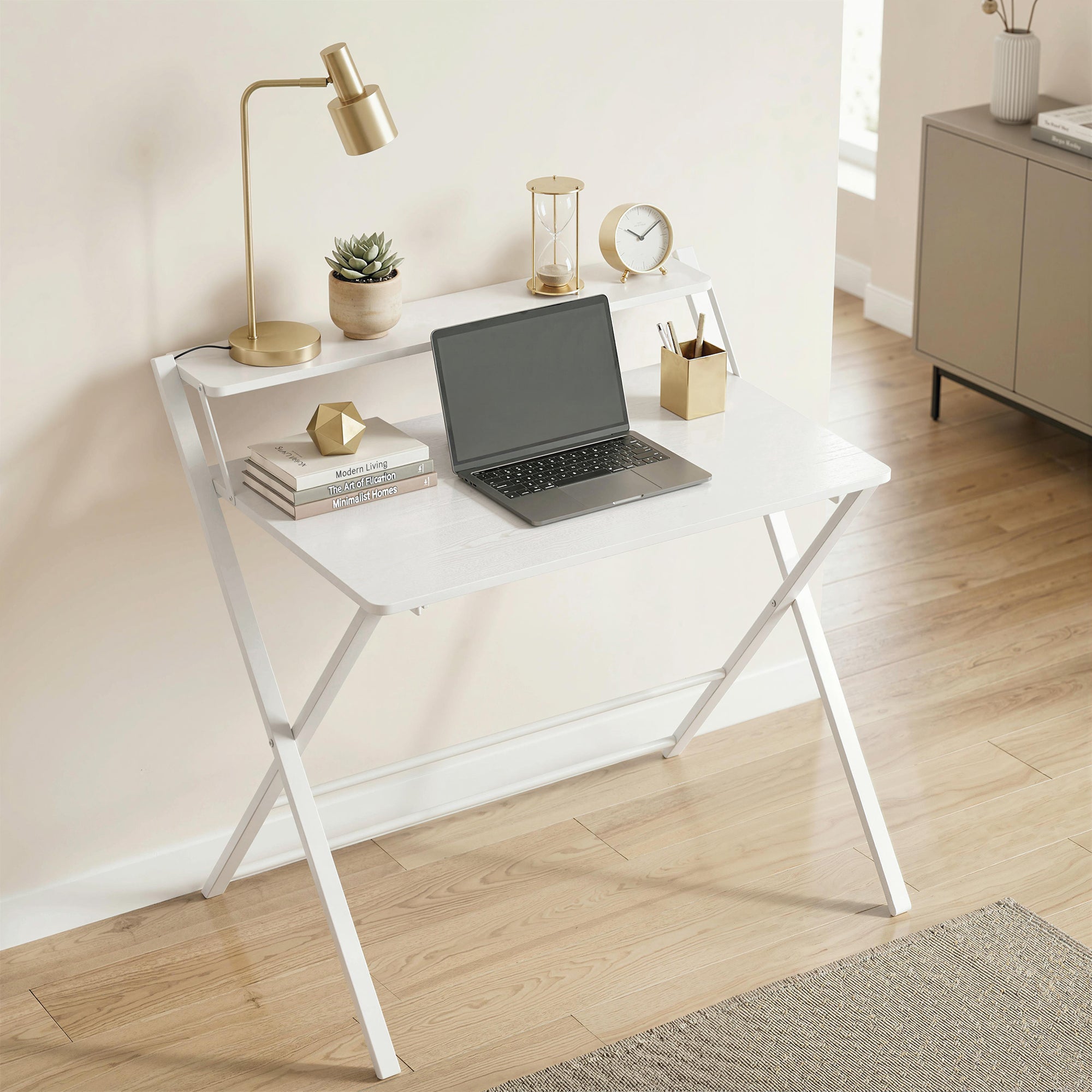 HOMCOM Compact Folding Desk for Small Spaces with Storage Shelf for Home Office, White