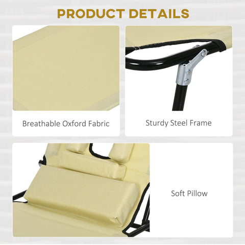 Outsunny Outdoor Foldable Sun Lounger Set of 2, 4 Level Adjustable Backrest Reclining Sun Lounger Chair with Pillow and Reading Hole, Beige