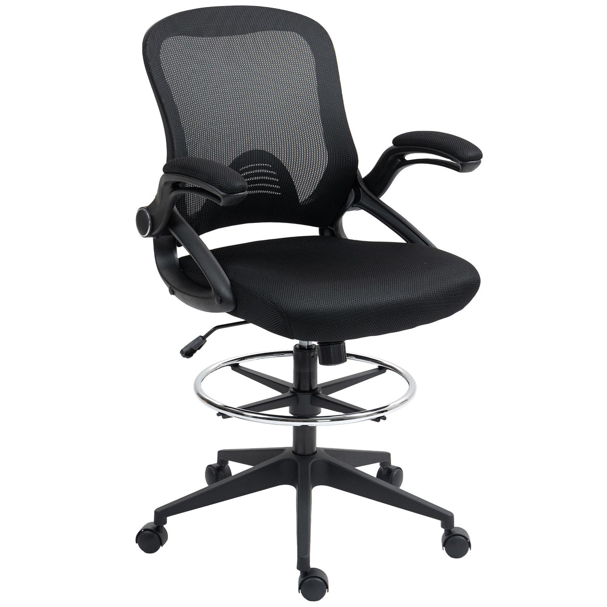 Vinsetto Drafting Chair with Flip-up Armrest, Mesh Office Stool with Foot Ring, 360° Swivel Height Adjustable Chair for Standing Desk, Black