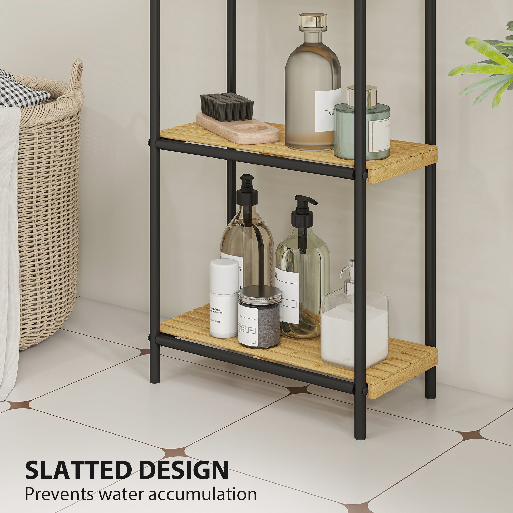 HOMCOM 4-Tier Bamboo Bathroom Storage Shelf, Freestanding Narrow Shelving Unit with Slatted Shelves for Kitchen Bathroom Living Room, 41.5 x 21.5 x 106 cm, Natural and Black