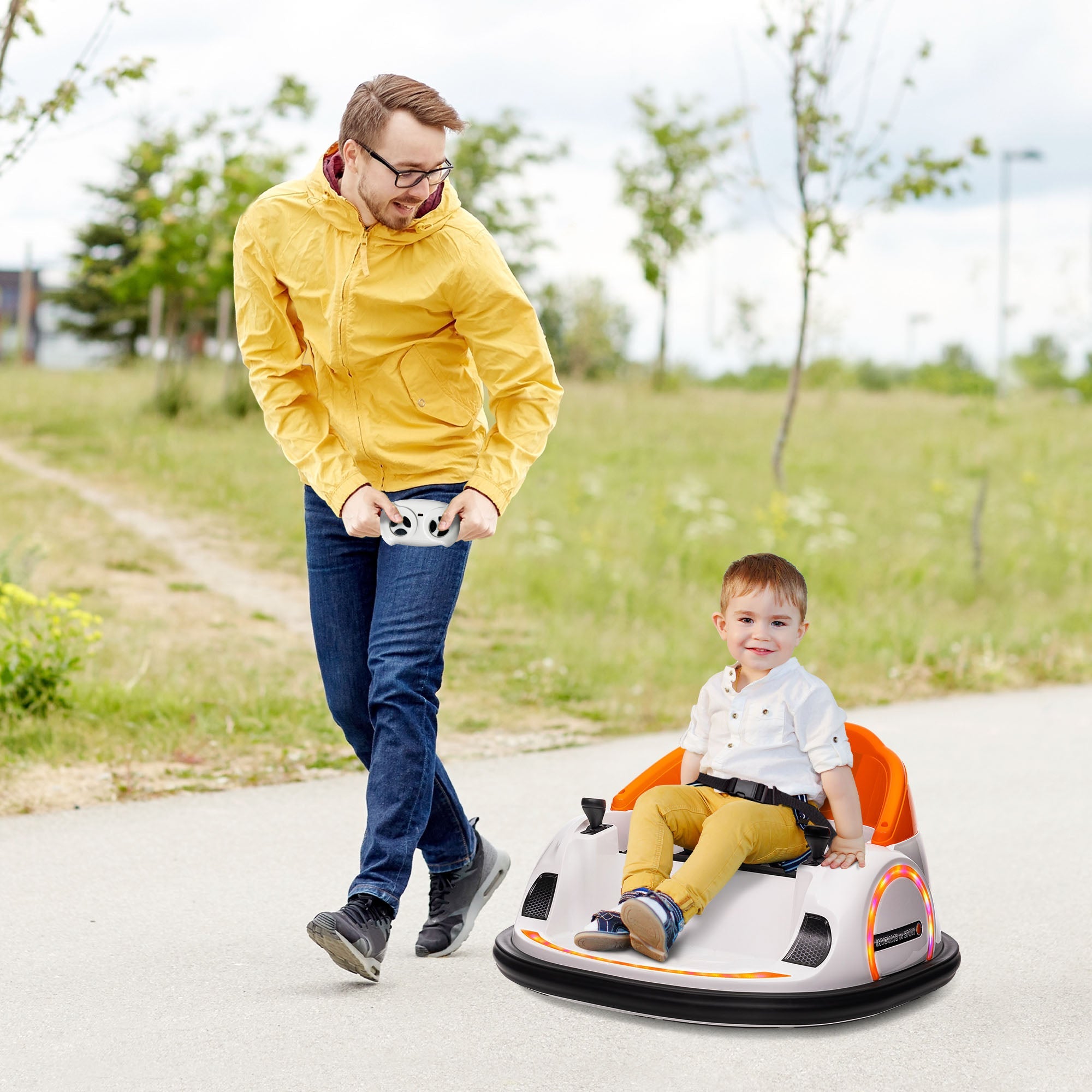 AIYAPLAY 360\'c2\'b0 Rotation Kids Bumper Car, 12V Waltzer Car with Remote Control, Dual Joysticks, Music Lights, Orange