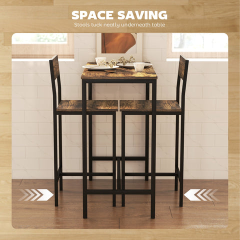 HOMCOM 3-Piece Bar Table Set with 2 Stools, Industrial Breakfast Bar Set with Footrest, Backrest for Dining Room, Small Space