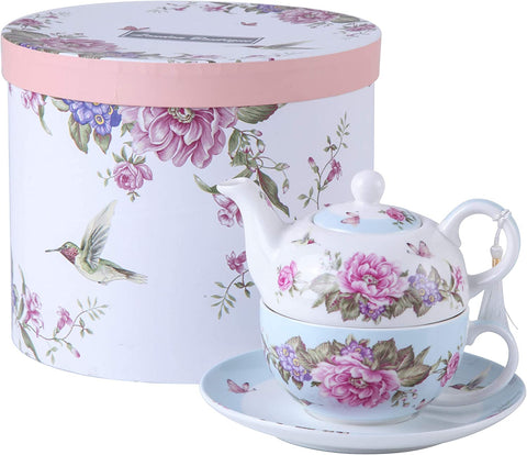 Tea for One Teapot Cup suacer Set Shaby Chic Flora Bird Rose Butterfly Porcelain Gift Box (Blue)