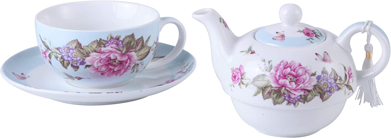 Tea for One Teapot Cup suacer Set Shaby Chic Flora Bird Rose Butterfly Porcelain Gift Box (Blue)