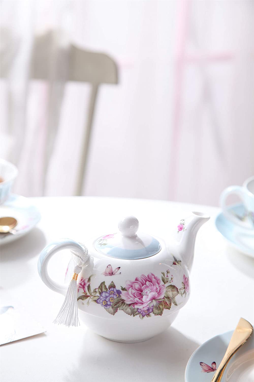 Tea for One Teapot Cup suacer Set Shaby Chic Flora Bird Rose Butterfly Porcelain Gift Box (Blue)