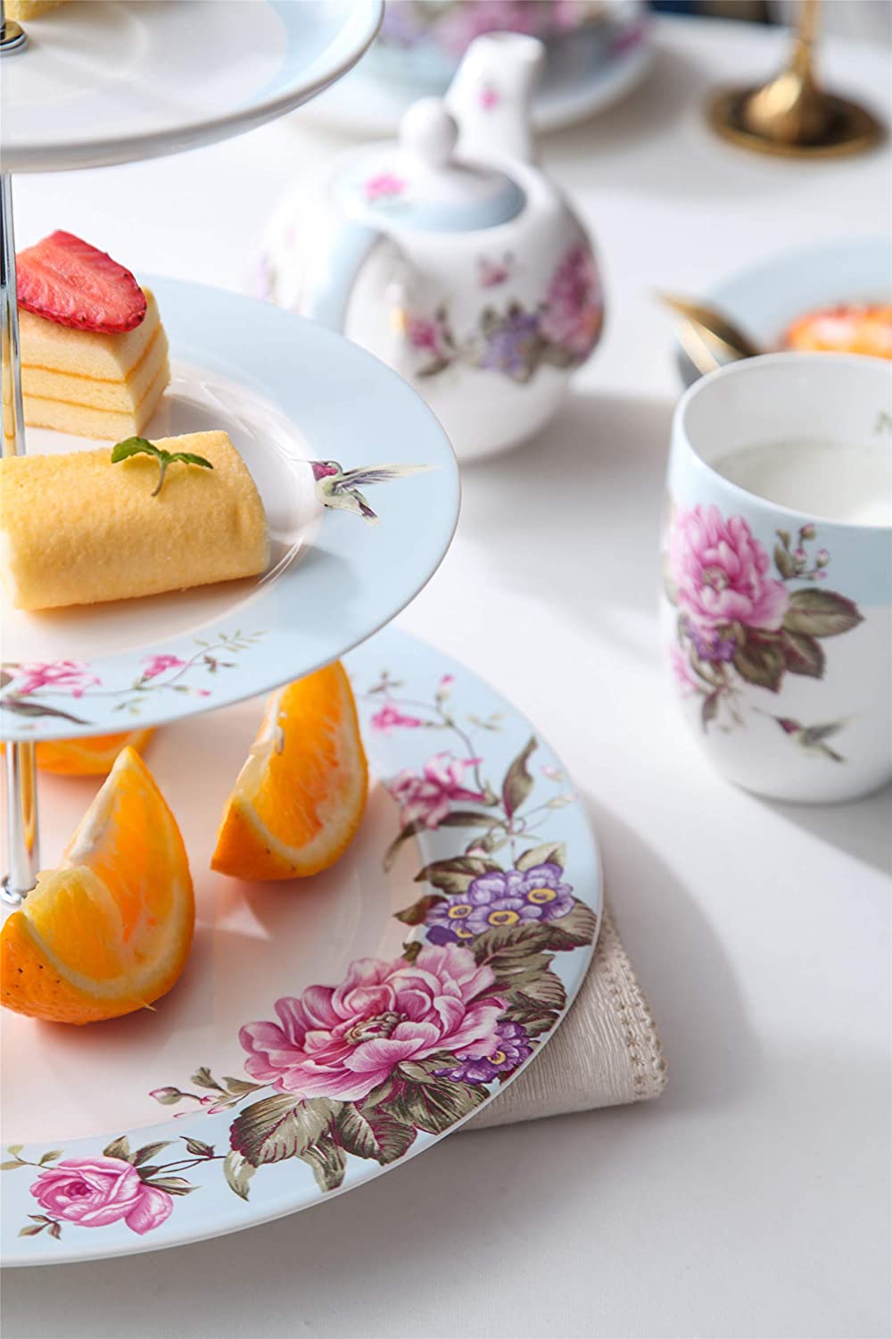 Tea for One Teapot Cup suacer Set Shaby Chic Flora Bird Rose Butterfly Porcelain Gift Box (Blue)