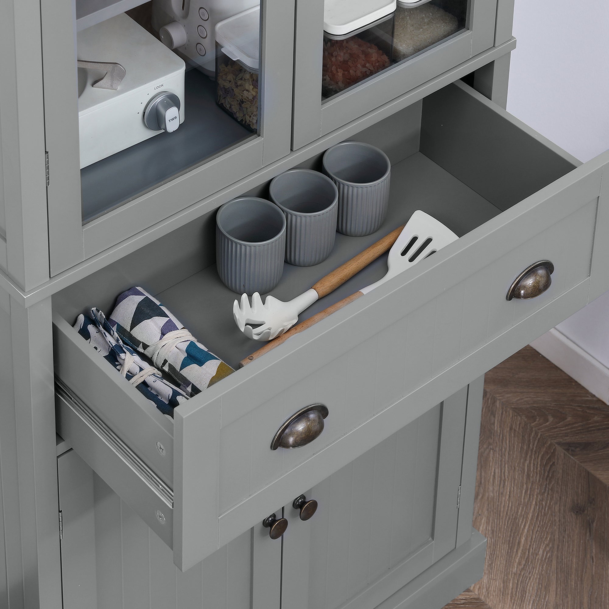 HOMCOM 180cm Tall Kitchen Pantry Cupboard, Freestanding Storage Cabinet with 5 Tier, Adjustable Shelves,  Drawer, Grey