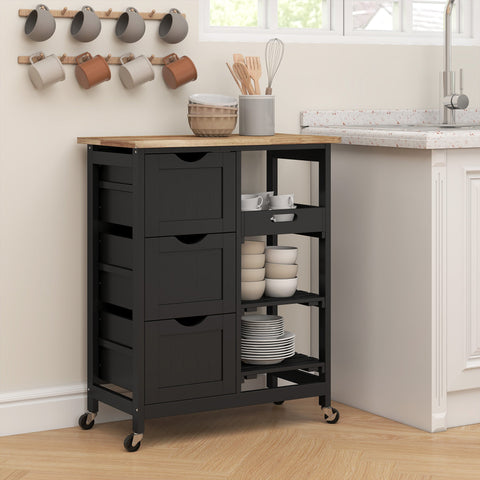 HOMCOM Rolling Kitchen Island Cart, Bar Serving Cart, Compact Trolley on Wheels with Wood Top, Shelves & Drawers for Home Dining Area, Black