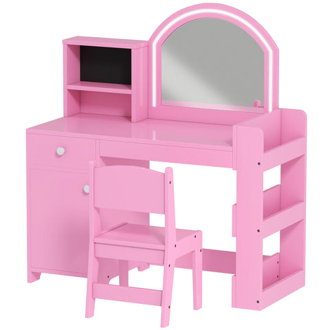 AIYAPLAY Kids Vanity Table and Chair Set, Girls Dressing Table with 2-Colour LED Mirror, Stool, Cabinet, Drawer, Shelves, Pink