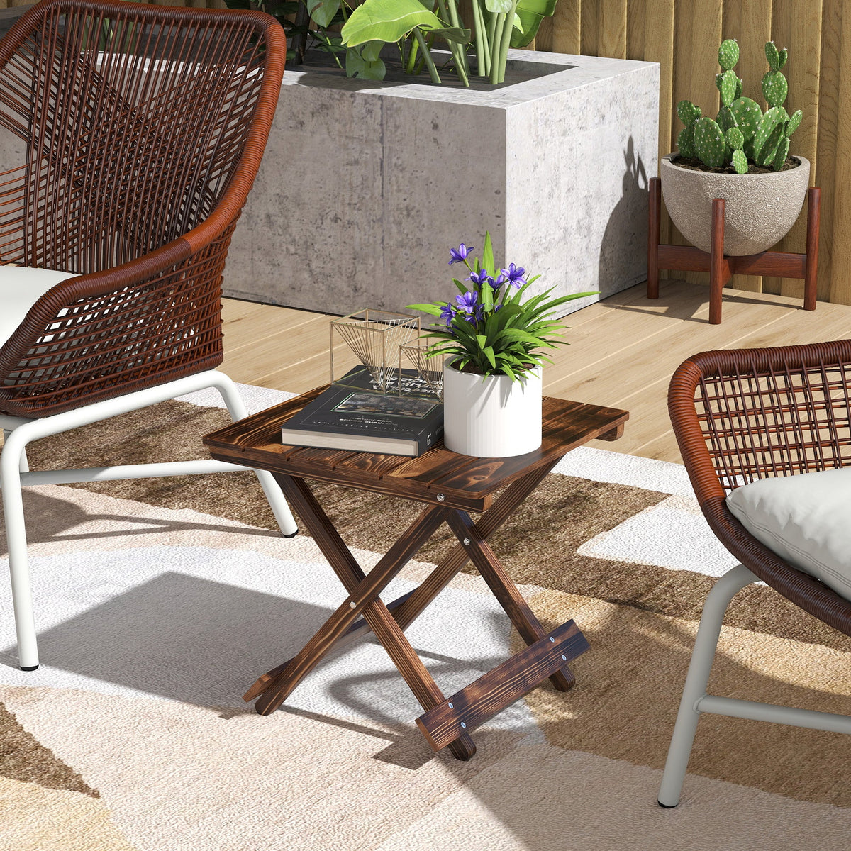 Outsunny Fir Wood Folding Coffee Table, Lightweight Small Garden Table with Slatted Top, Portable Folding Side Table for Balcony