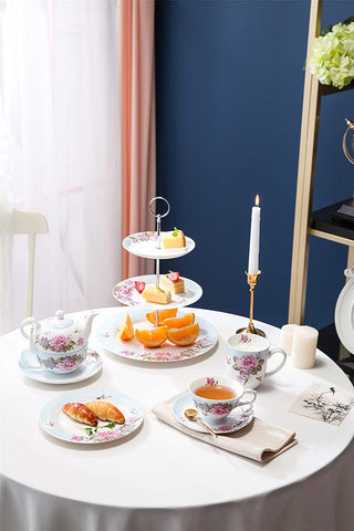 Tea for One Teapot Cup suacer Set Shaby Chic Flora Bird Rose Butterfly Porcelain Gift Box (Blue)